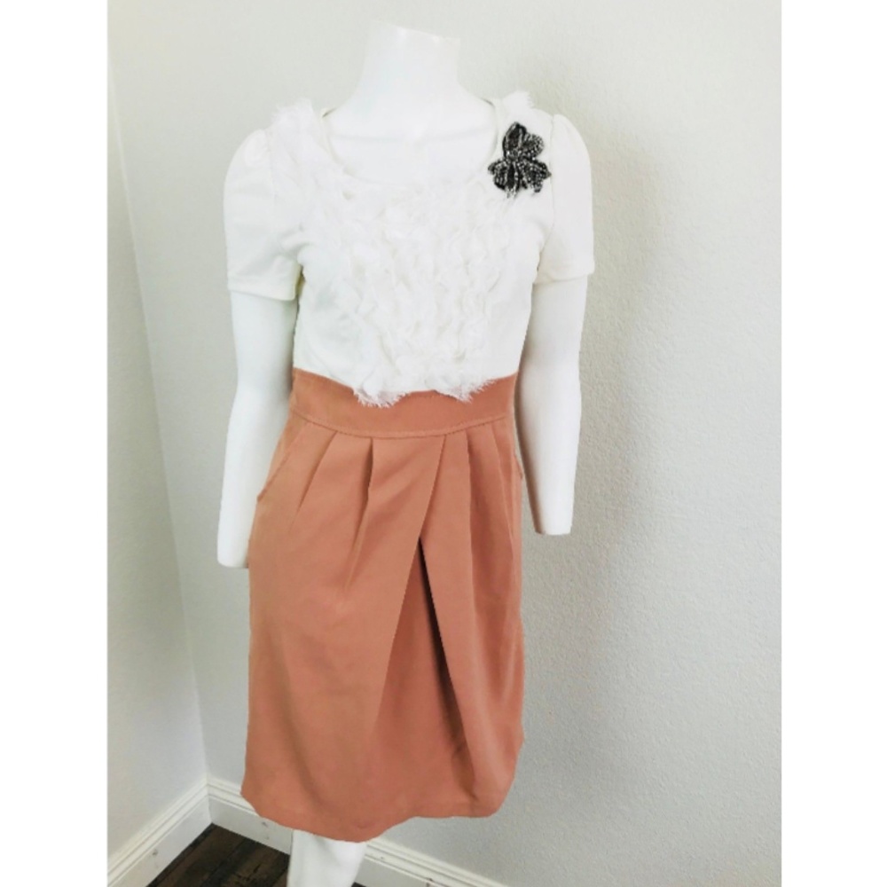 Kin Mei Dress Brown White Small Ruffled Tulip Hem